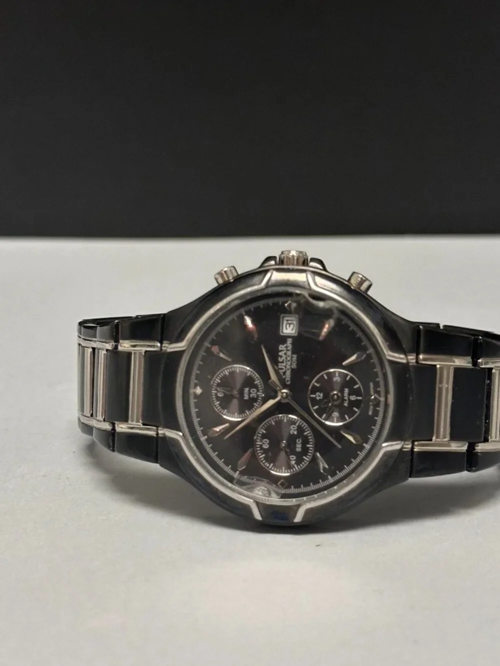 Pulsar Chronograph Mens Watch 38mm Damaged Crystal YM62-X144 New Battery 7.25
